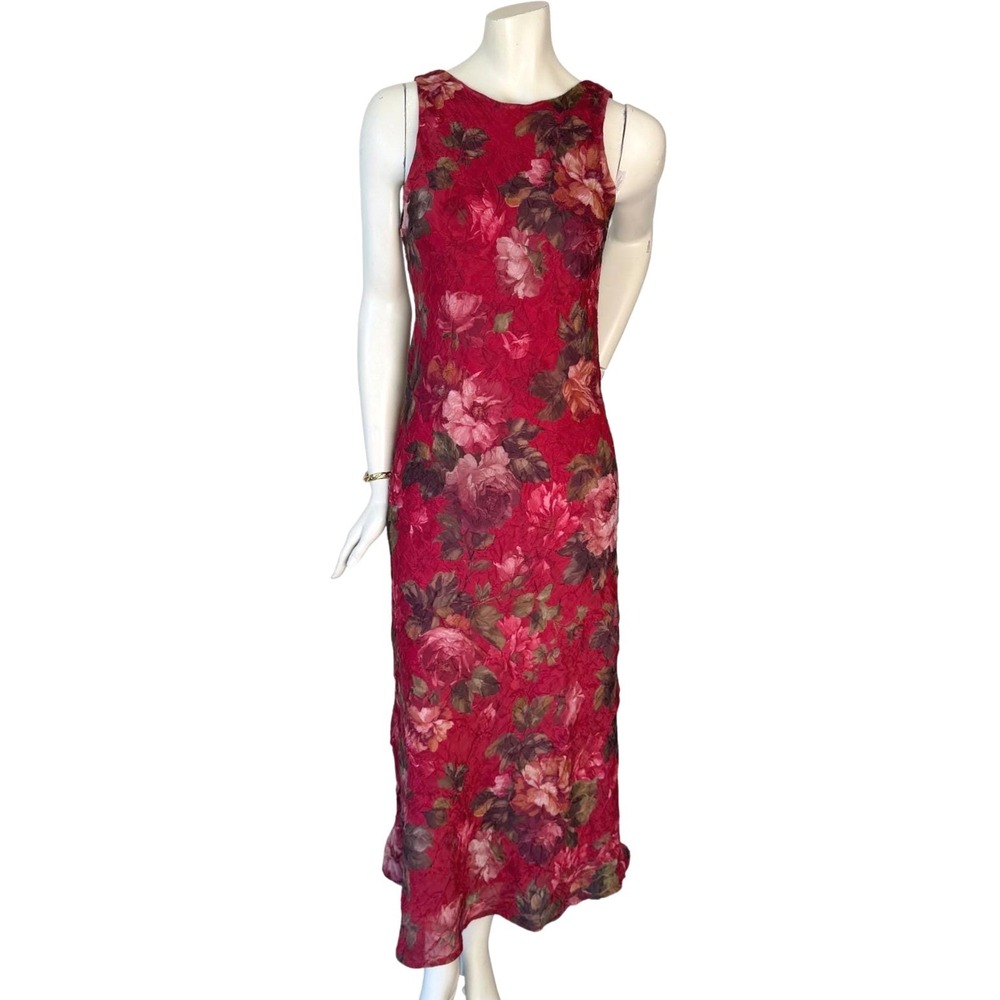 Vintage 90s Floral Whimsigoth Maxi Dress Red Crinkle Texture Keyhole Back Sz M